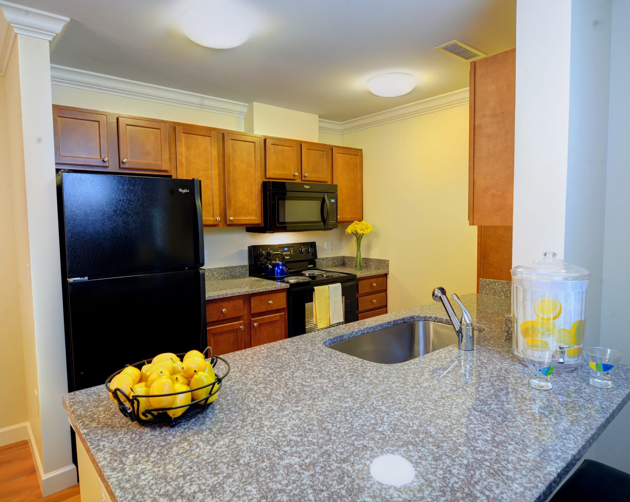 Apartment kitchen with granite countertops and a breakfast bar.