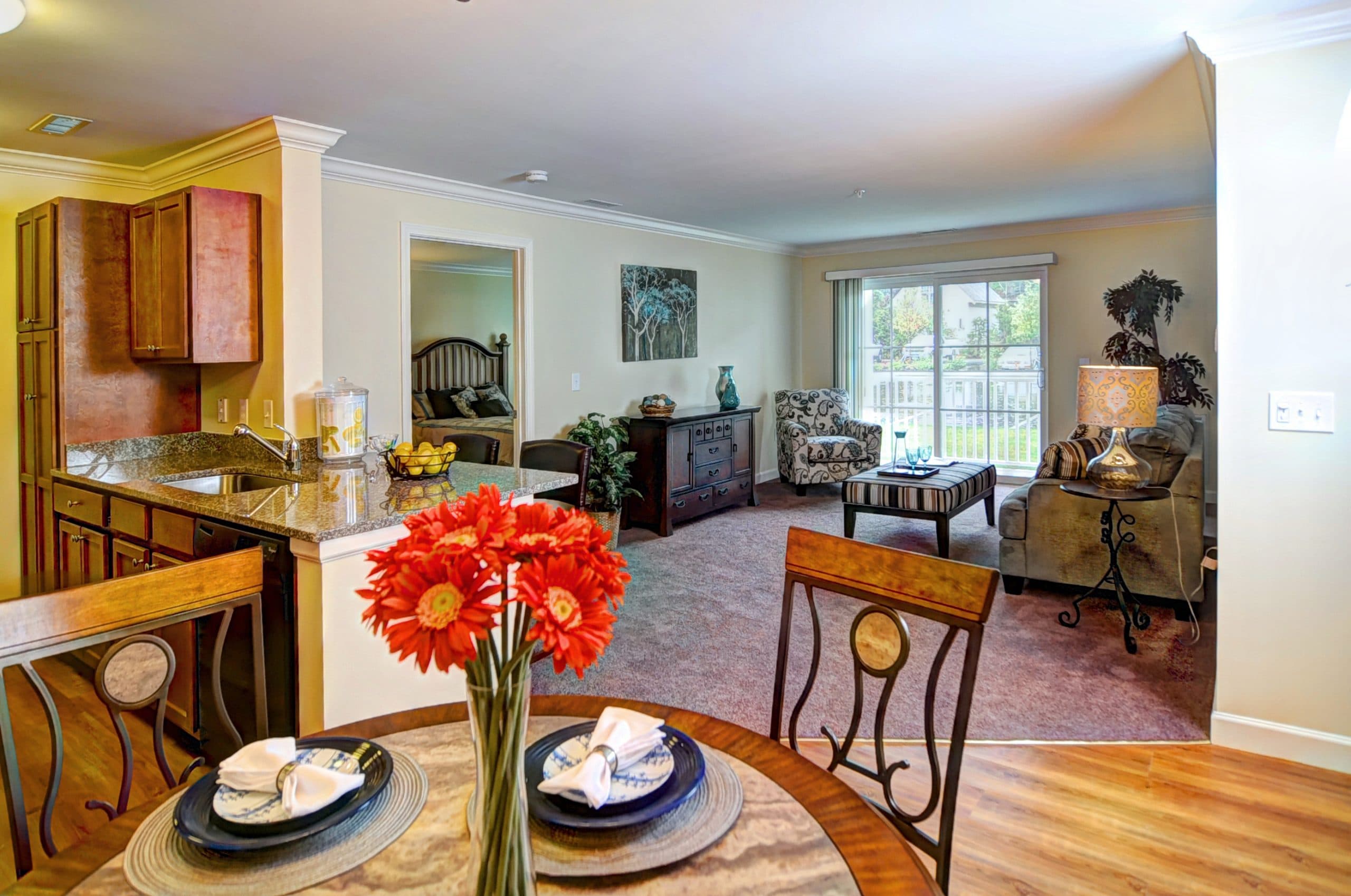 Open-concept living and dining area with a kitchen pass-through.